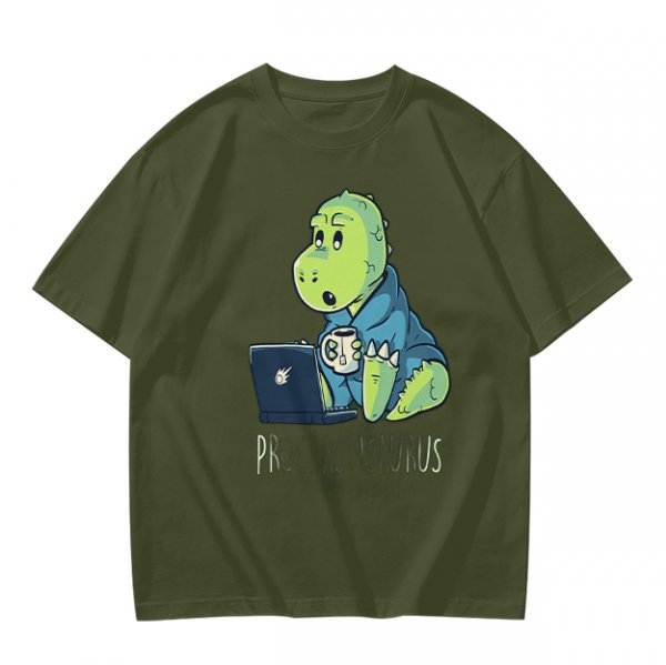 Olive t-shirt with a cartoon dinosaur working on laptop holding coffee