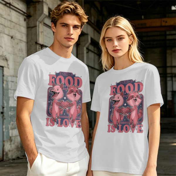 Olive graphic t-shirt with food is love and cartoon animal design