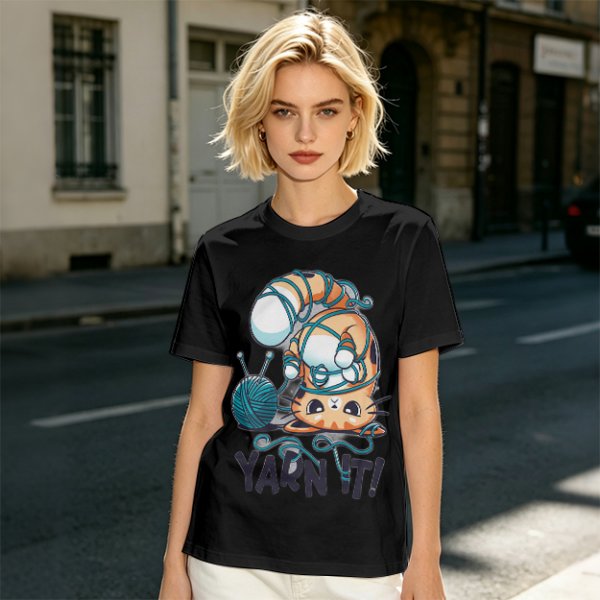 Olive T-shirt with Tangled Orange Cat Yarn It Print