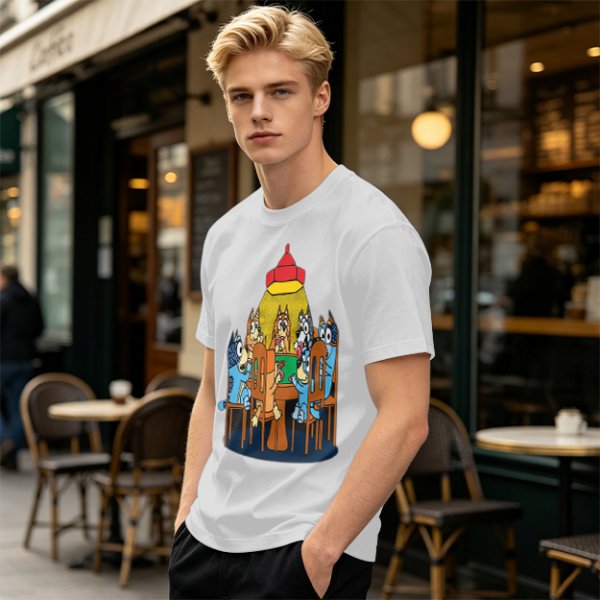 Olive green t-shirt with cartoon dogs playing poker under a hanging lamp