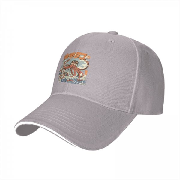 Black baseball cap with giant octopus attacking ocean waves graphic
