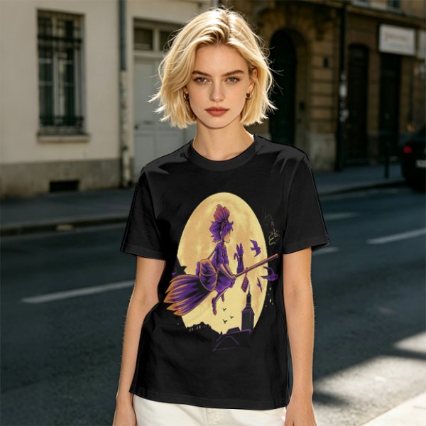 Olive t-shirt with witch flying on broom against full moon