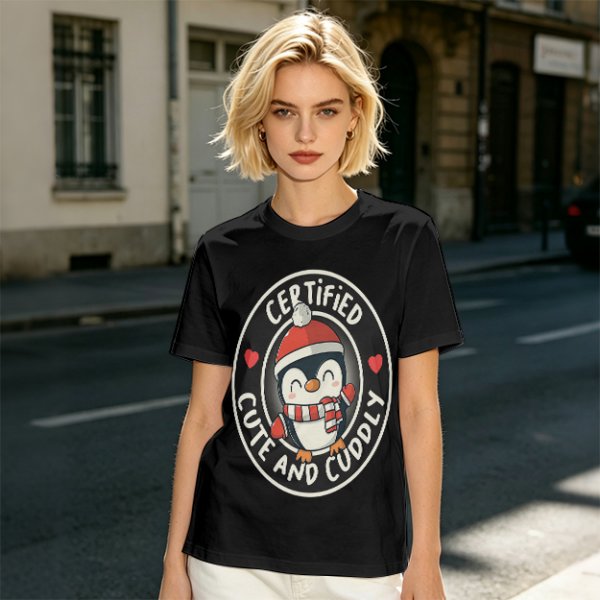 Olive T-Shirt with Cute Penguin 'Certified Cute and Cuddly' Print
