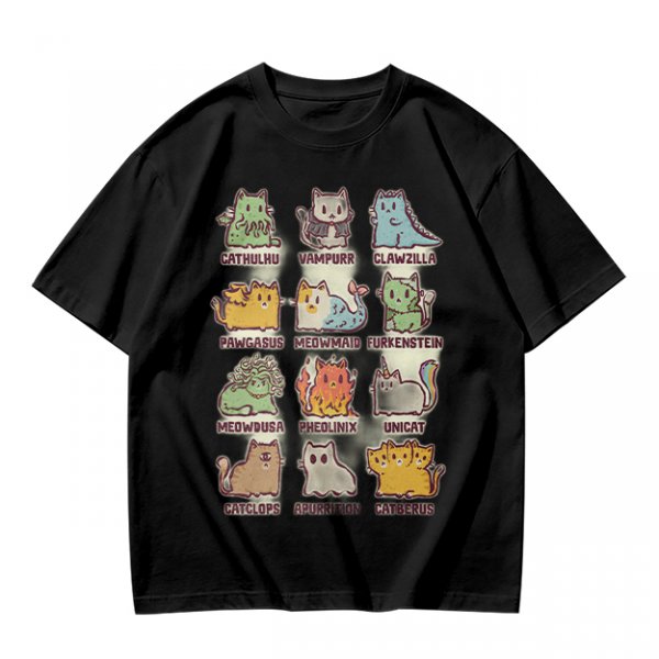 Olive green t-shirt with cute mythical monster cat graphic prints