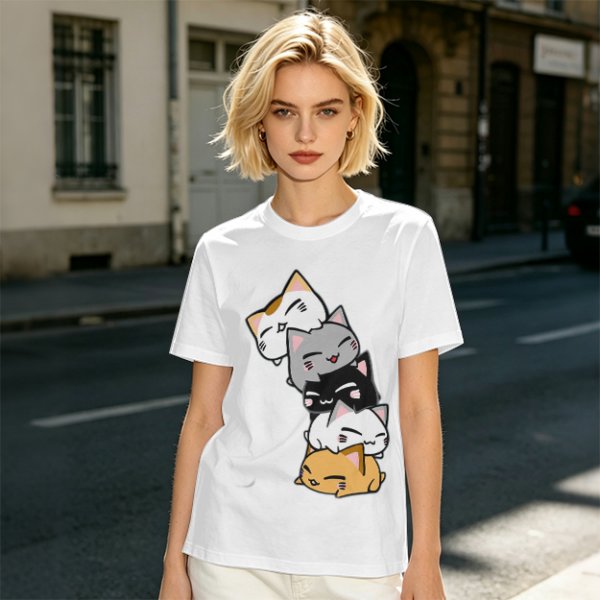 Olive T-Shirt With Stacked Cute Chibi Cats Graphic