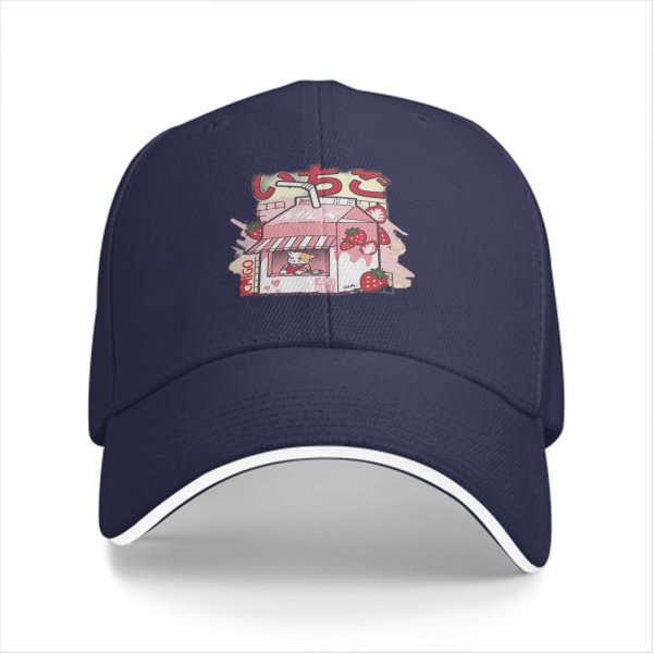 Black Baseball Cap with Cute Strawberry Milk Carton Cat Print