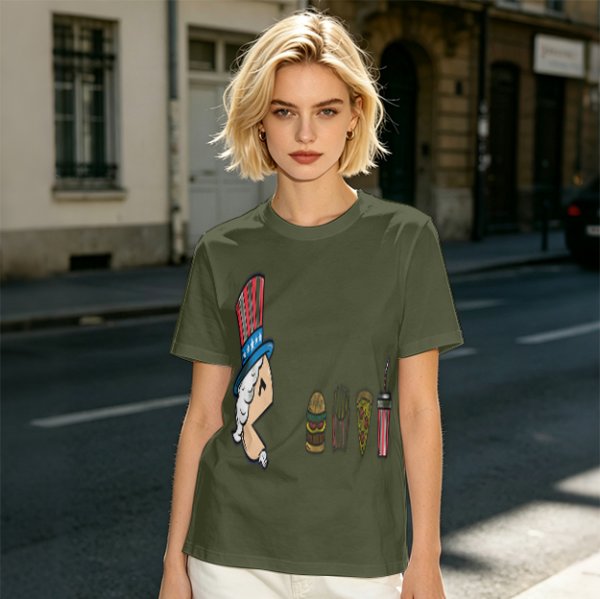 Olive T-Shirt With Uncle Sam Hat And Fast Food Graphic Print