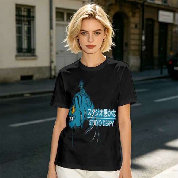Olive Graphic T-Shirt with Blue Tiger and Studio Derpy Text