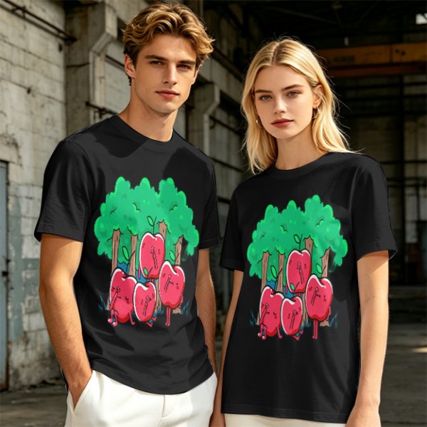 Olive T-Shirt With Cartoon Anthropomorphic Apples In Forest Print