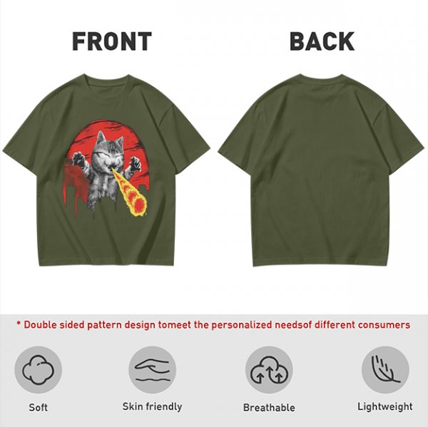 Olive T-Shirt With Laser Beam Shooting Cat Graphic