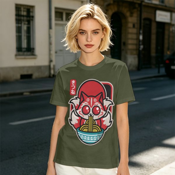 Olive t-shirt with cute kitsune fox eating ramen graphic