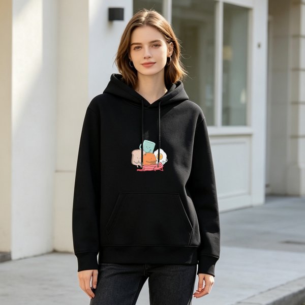 Black Hoodie With Cute Breakfast Food Character Graphic