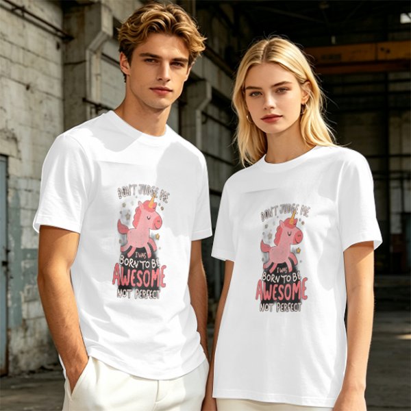 Olive t-shirt with cute unicorn and 'Don't judge me I was born to be awesome not perfect' text