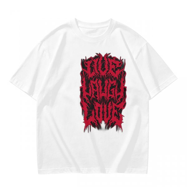 Olive green graphic t-shirt with dark metal style Live Laugh Love print