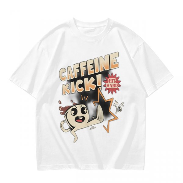 Olive graphic tee with caffeine kick cartoon coffee cup design