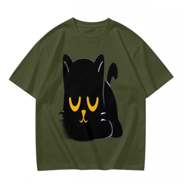 Olive T-Shirt with Relaxed Black Cat Graphic Design