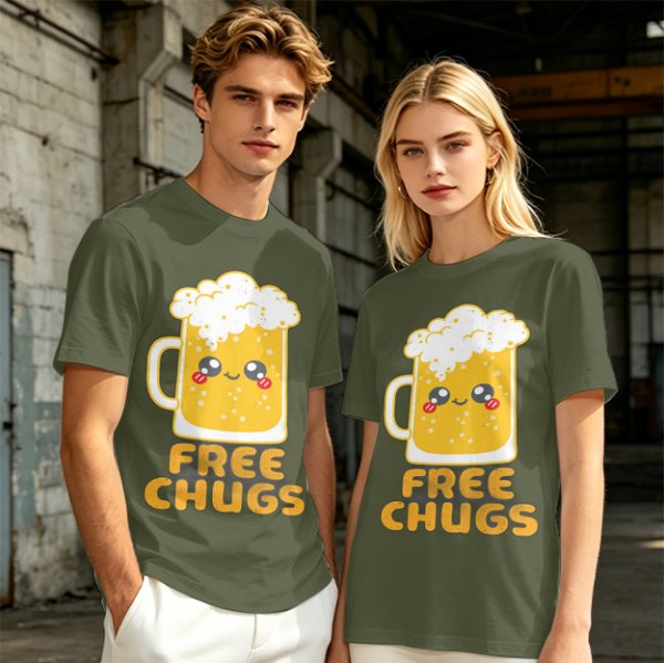 Olive Green T-Shirt With Cute Kawaii Beer Mug Free Chugs Print