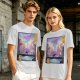 Olive T-shirt with Cyberpunk City Bridge Character Art Print