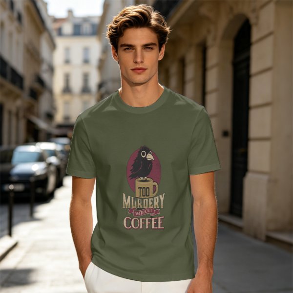 Olive Graphic T-Shirt With Crow Coffee Mug 'Too Murdery Coffee' Print