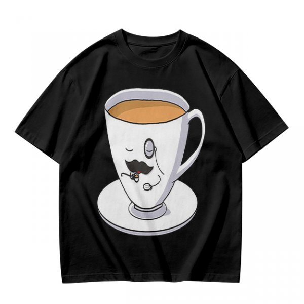 Olive Green T-Shirt With Dapper Cartoon Teacup Graphic