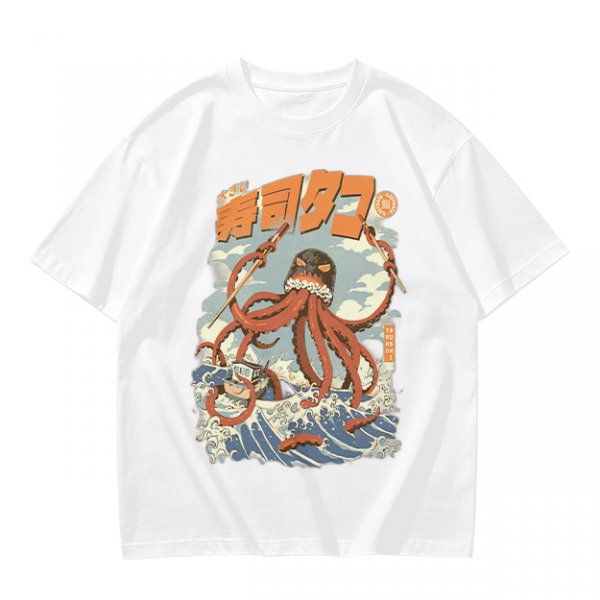 Olive t-shirt with Japanese octopus sushi warrior wave graphic
