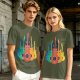 Olive T-Shirt With Colorful Cat Guitar Illustration