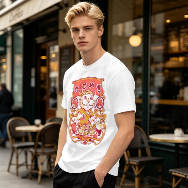 Olive T-Shirt with Cute Takoyaki Chef Graphic Print