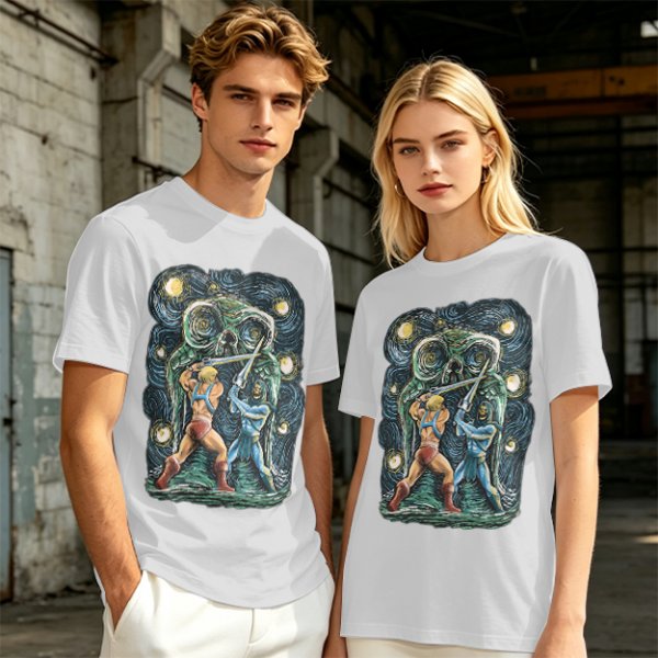 Olive T-shirt with Starry Night Style He-Man vs Skeletor Art