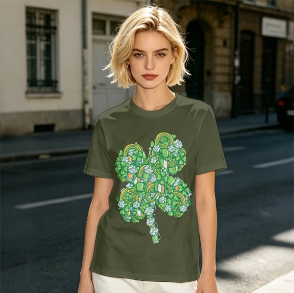 Olive Green T-Shirt With St. Patrick's Day Four-Leaf Clover Art