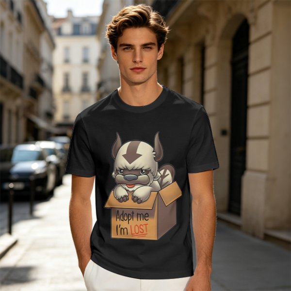 Olive t-shirt with Appa in a box that says Adopt me I'm Lost