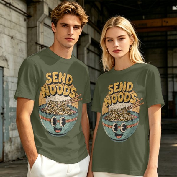 Olive Green T-Shirt With Retro Send Noods Ramen Bowl Graphic