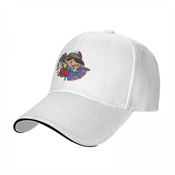 Black baseball cap with Pinocchio 'I Believe I Can Lie' graphic print