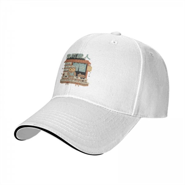 Black baseball cap with owl sushi chef graphic