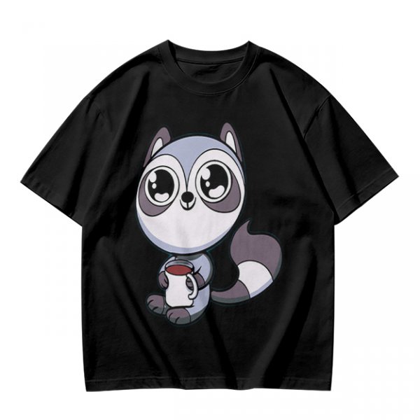 Olive T-Shirt with Cute Raccoon Holding Coffee Mug Print