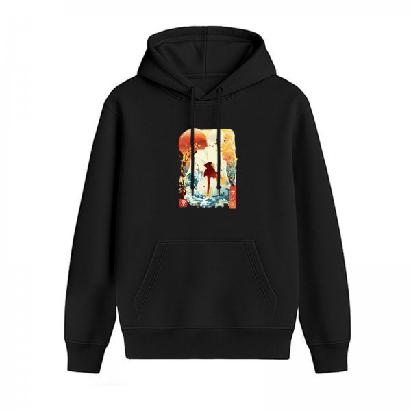 Black Hoodie With Japanese Style Sunset Wave Graphic Print