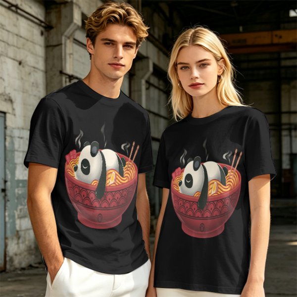 Olive green t-shirt with a panda relaxing in a steaming ramen bowl print