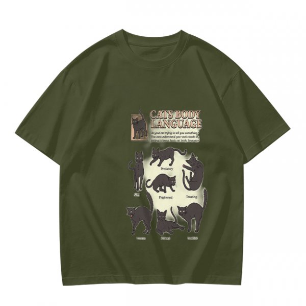 Olive T-Shirt With Cat Body Language Illustrations