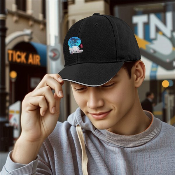 Black Baseball Cap With Anime Girl Blue Circle Art Print