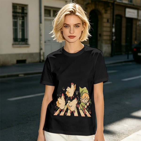 Olive Green T-Shirt With Chasing Chickens And Elf Character Print