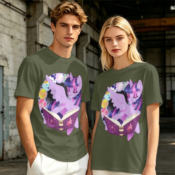 Olive T-shirt with Twilight Sparkle reading a magical book