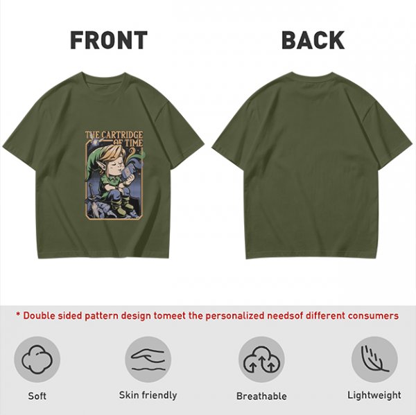 Olive t-shirt with The Cartridge of Time elf character print