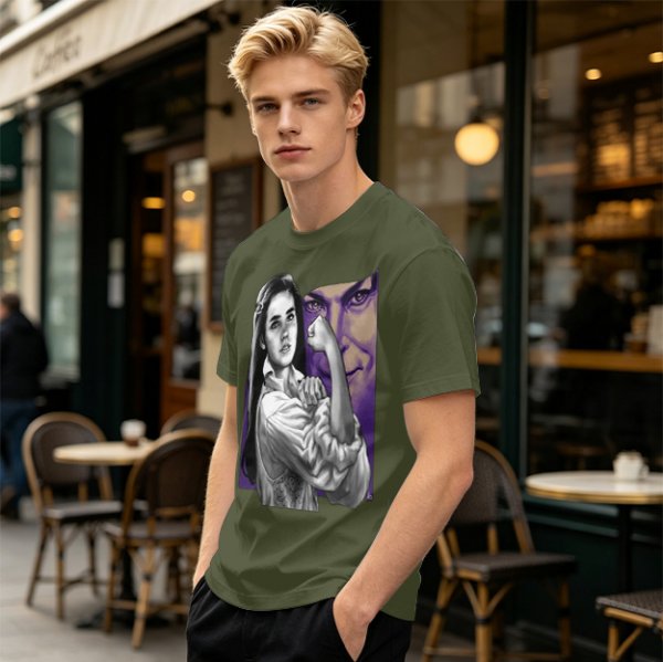 Olive T-shirt with vintage woman flexing arm graphic print