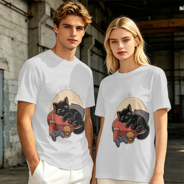 Olive T-Shirt with Relaxed Black Cat Gaming Snack Print