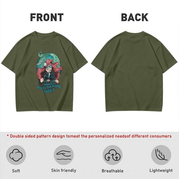 Olive t-shirt with modern mermaid graphic and 'I wanna be where the people aren't' text