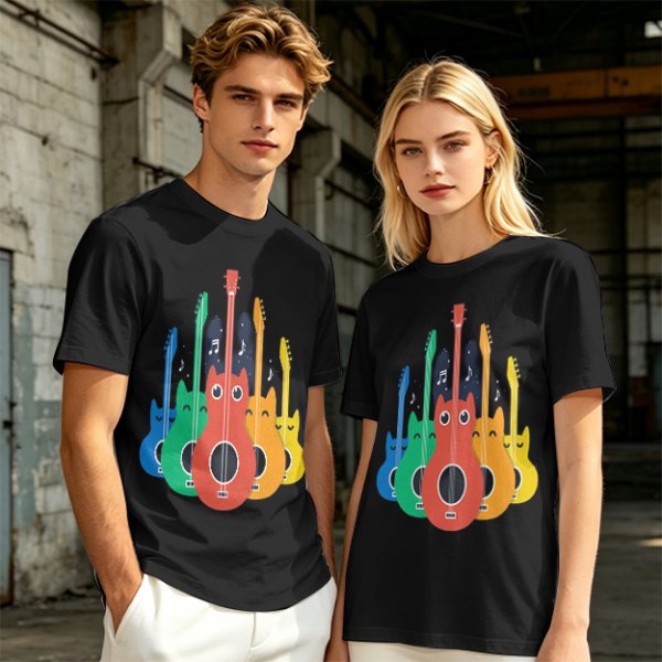 Olive T-Shirt With Colorful Cat Guitar Illustration