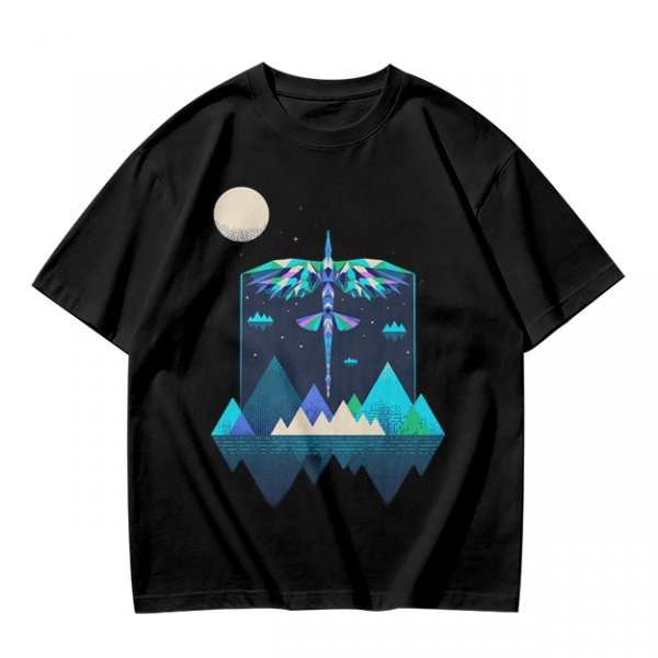Olive T-Shirt With Geometric Dragonfly Mountain Night Scene Print