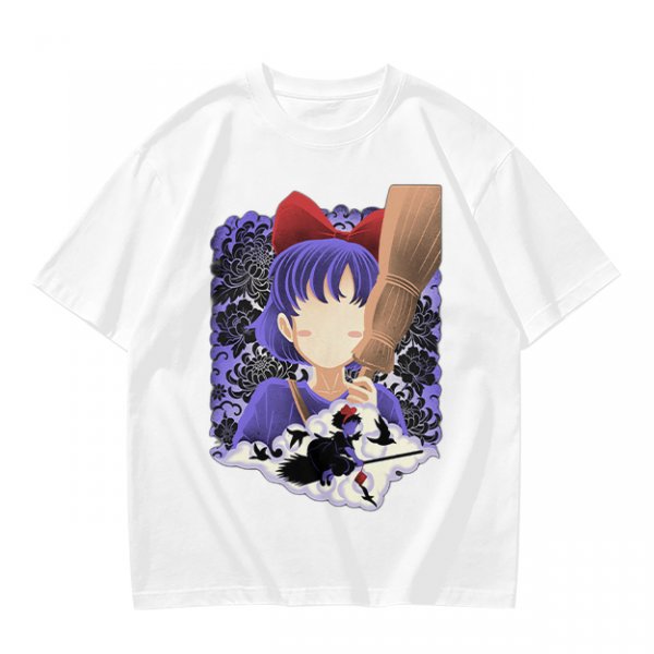 Olive T-Shirt With Witch Anime Girl and Cat Silhouette Print