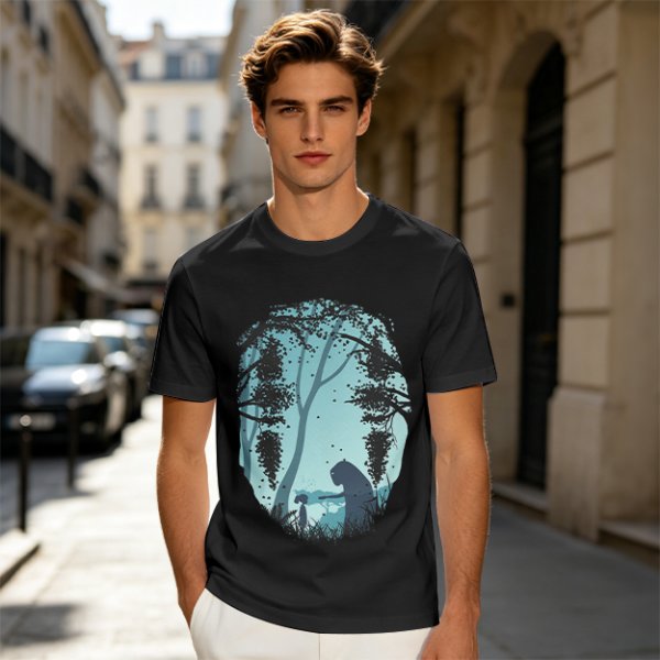 Olive T-Shirt With Silhouetted Forest Scene And Two Figures