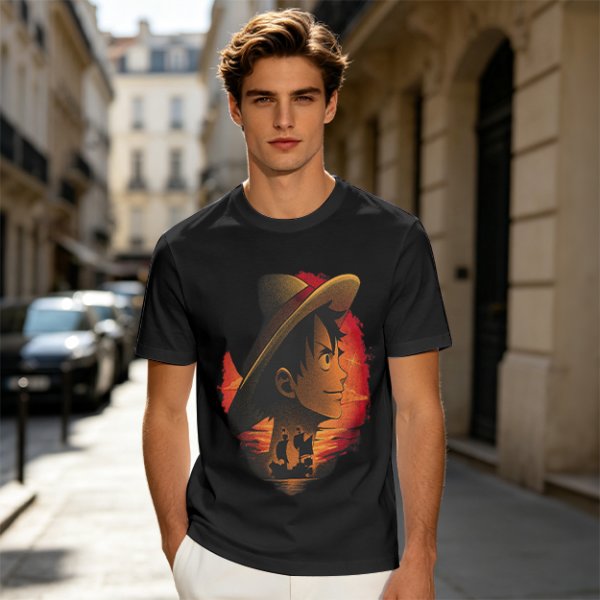 Olive T-Shirt Featuring Monkey D. Luffy Sunset Pirate Ship Art