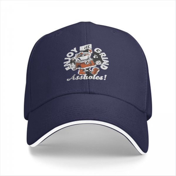 Black baseball cap with 'Enjoy The Grind Assholes!' cartoon print